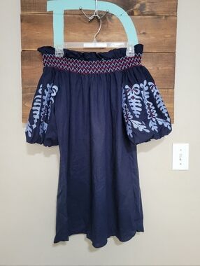 Rebellion Navy Off The Shoulder Puff Sleeve Floral Embroidered Cotton Dress M